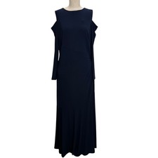 Ralph Lauren Sz 12 Evening Dress Long Sleeve Cold Shoulder Maxi Navy Blue Ruched