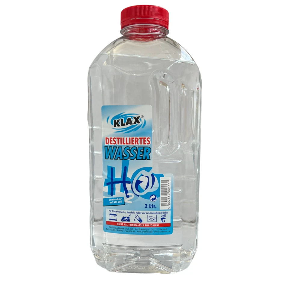 Klax Destiliertes Wasser, für Starterbatterien, Haushalt, Hobby und Labor 2L