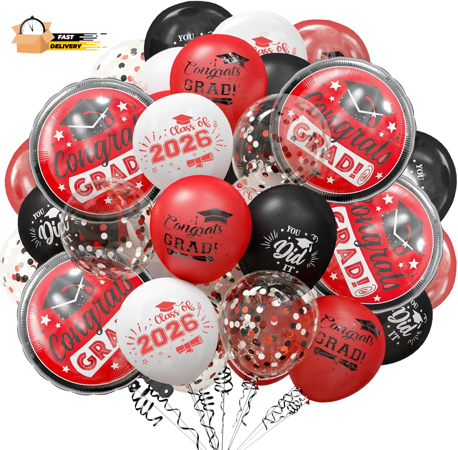 Graduation Black and Red Balloons 2026 - Grad Latex Confetti Balloons