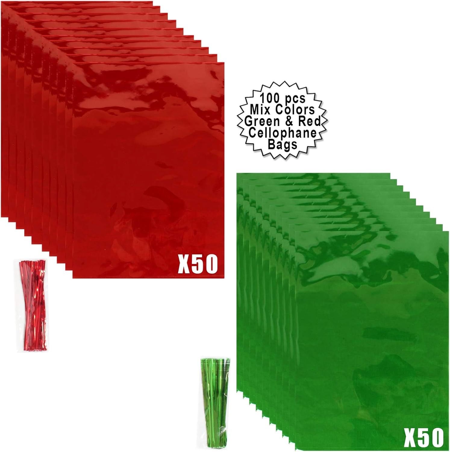 100 Pk Red & Green Christmas Cellophane Bags 6x9" Thick 2.5 Mil Ties