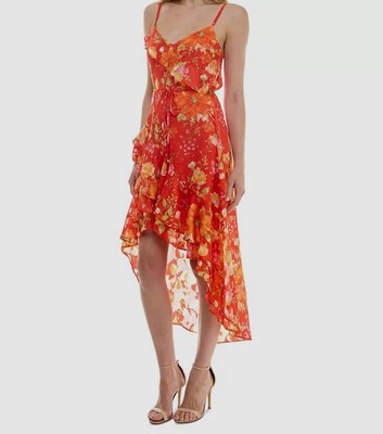 BCX Juniors' Women's Orange Chiffon Floral Ruffled V-Neck Dress Size L