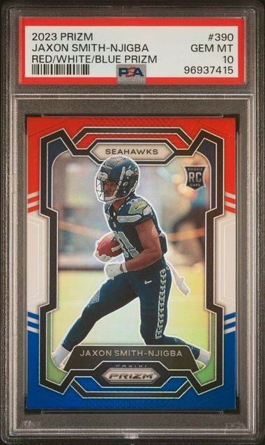 2023 Panini Prizm Jaxon Smith-Njigba #390 Red White Blue Prizm RC PSA 10