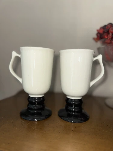 Vintage MCM Hall #1273 Black Footed 6” Irish Coffee Mugs White Tops Black Base
