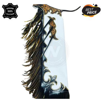 Custom Black White Leather Rodeo Chaps Hand Tooled Bull Riding Cowboy Gear