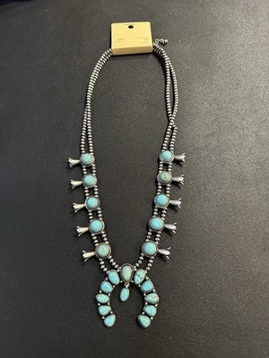 Native American Style Squash Blossom Necklace Faux Turquoise Silver Tone Medium