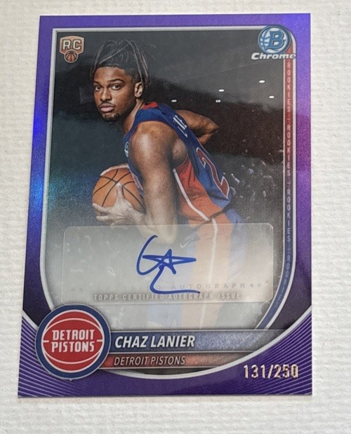 2025-26 Bowman Chaz Lanier Chrome Auto RC Purple Refractor Rookie #/250 Pistons