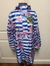 New Joules Size8 Go Lightly Blue Striped Floral Zip Hooded Packable Rain Jacket