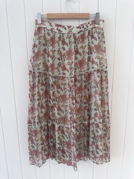 Tigerlily Midi Skirt Size 10 Green Pink Floral Tiered Chiffon Zip Up Lined