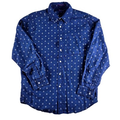 Alan Flusser Linen Blend Shirt Men's Large Blue Anchor Nautical Print Button L/S