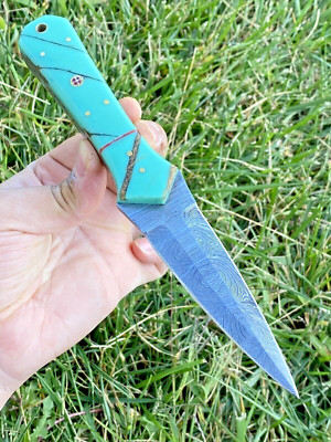 Authentic DAMASCUS KNIFE HUNTING DAGGER BOOT KNIFE FIXED BLADE  RESIN HANDLE X87