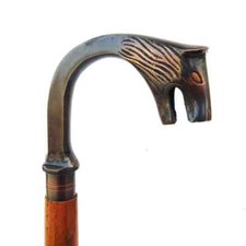 Vintage Wooden Walking Stick Victorian Silver Brass Wolf Head Handle Cane Gifts
