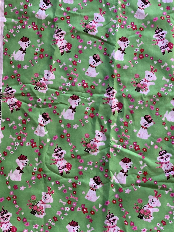 "Sombreros brillantes de tela rosa para perros Robert Kaufman en tierra con flores verdes 54x46"" W" Foto 2 de 3