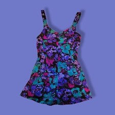 Vintage 80s Ocean View Neon Floral Swimsuit Dress Size 14