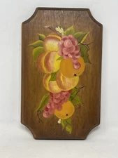VTG Wooden Wall Plaque Fruit Grapes Peach Hand Painted Art Cottage Style Signed