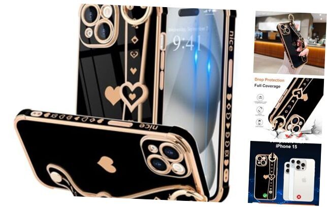 for Case with Strap for Women Girls [2× Screen Protectors], iPhone 15 Black