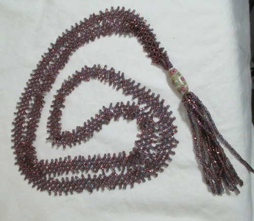 Vintage Art Deco Bohemian Seed Bead Iridescent Pink Red Flapper Necklace 45"