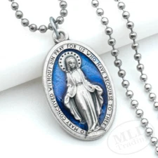 Miraculous Medal Necklace Catholic Virgin Mary 1.5" Blue Pendant Made In Italy