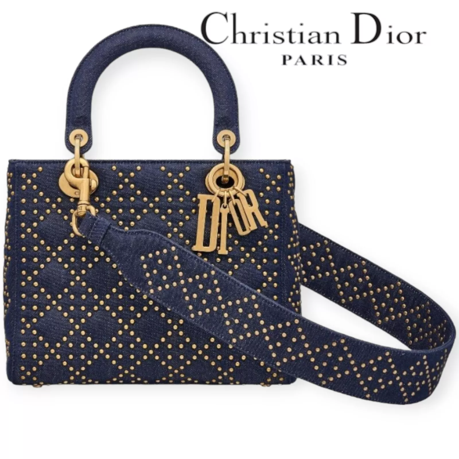 Sac à main femme Dior denim bleu moyen clouté pour femme Dior