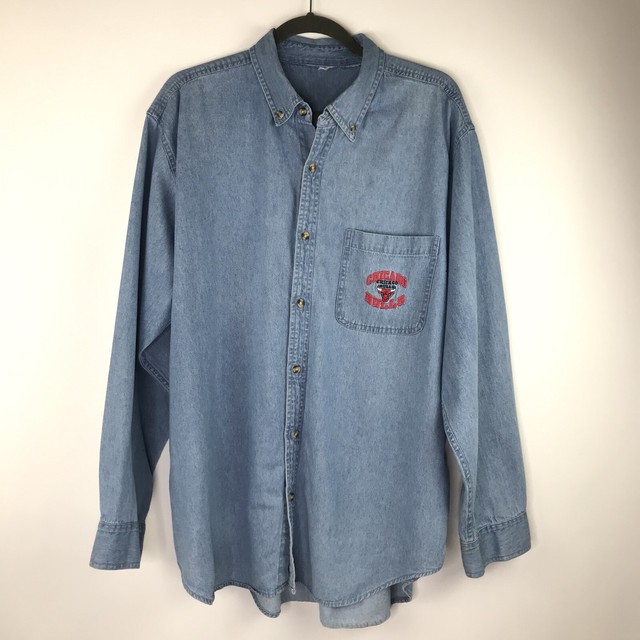 Mens Vintage Chicago Bulls Denim Button Down Shirt Embroidered Bulls logo Flaws | eBay