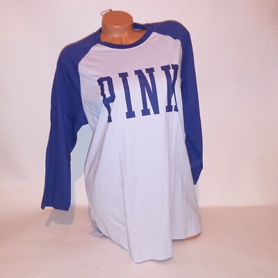 Victoria Secret PINK T Shirt Large Blue Logo Campus Tee Baseball 3/4 Sleeve New