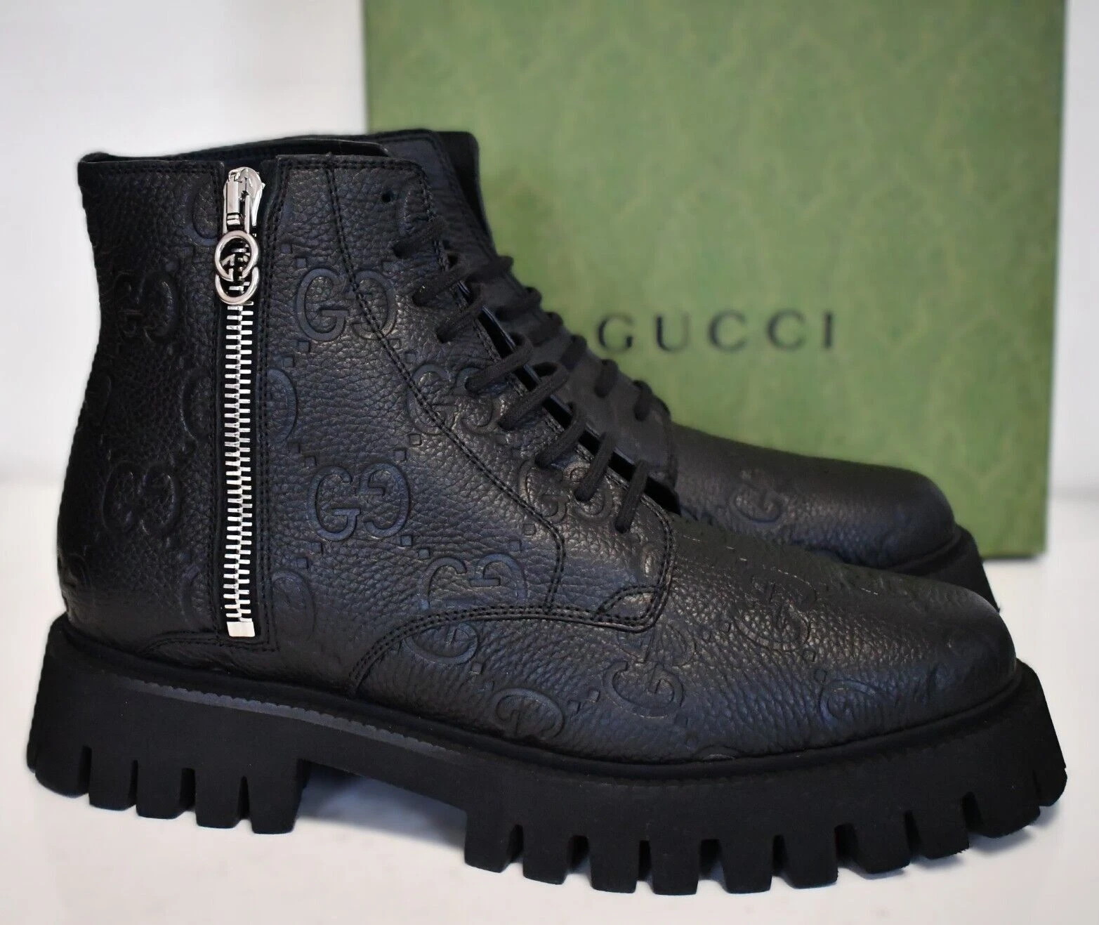 ?️GUCCI Noir GG SUPREME LUG SEMELLE CUIR COMBAT Bottes Homme Chaussures 10 US 10,5