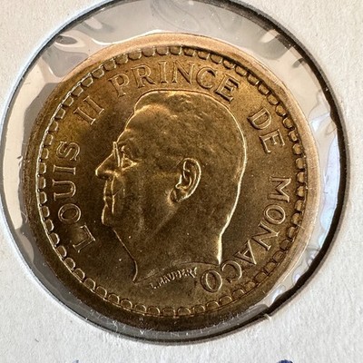 1943 - MONACO 2 FRANCS Louis II ALUMINUM BRONZE COIN AU DETAIL