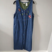 Vintage Bobbie Brooks Denim Overall Dress Sz L Christmas Buttons Pockets Cotton