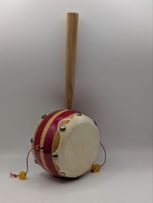Cozumel Mexico Souvenir Rattle Drum Wood Hand Percussion Toy Beaded Twirl