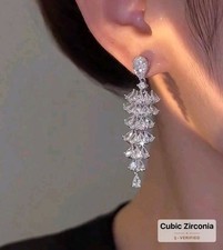 Cubic Zirconia Drop Earrings Womens Bridal Wedding Dangle Sparkly Silver