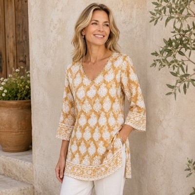 April Cornell Bonnie Block Print Tunic Sz M Gold White 100% Cotton Crochet Lace