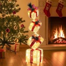 Stackable Lighted Gift Boxes Set of 4, Battery-Powered Lighted Christmas Boxe...