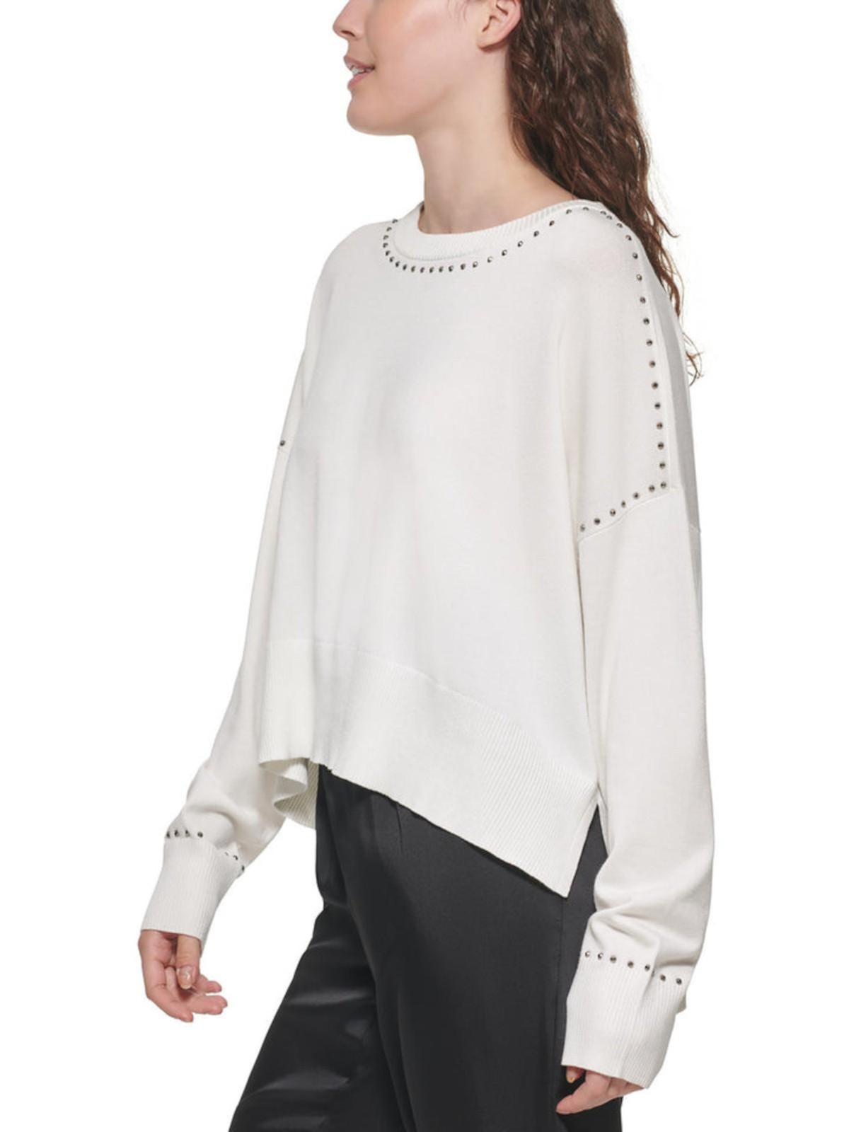 DKNY Womens White Studded High Low Vented Hem Drop Shoulder Long Sleeve Sweater