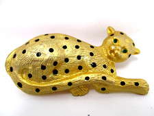 Cheetah Leopard Cat Scarf Belt Buckle Slide Gold Tone Green Rhinestone Eyes
