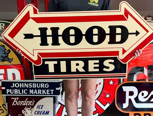 Antique Vintage Old Style Sign Hood Tires 47x23 NOT Porcelain Made USA
