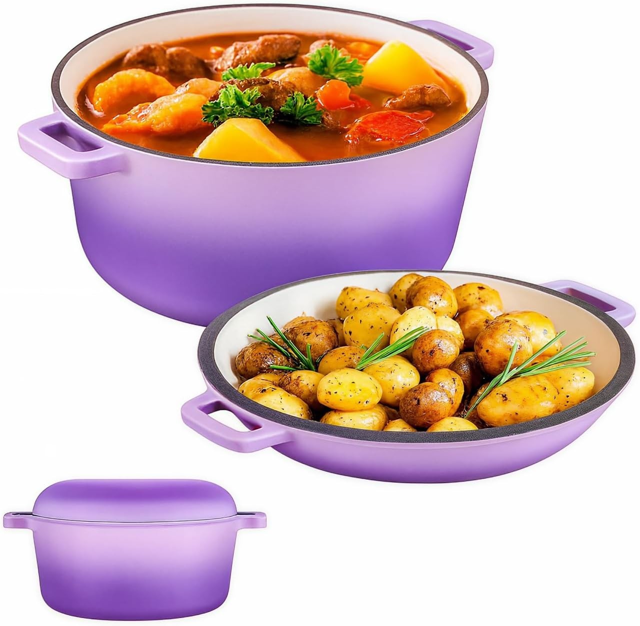 2-in-1 Purple Cast Iron Dutch Oven Crock Pot with Handles
