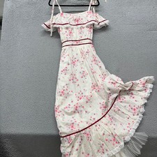 Vintage Cottagecore Dress White Ditzy Floral Off The Shoulder Peasant Prairie