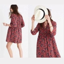  M5 Madewell Women's Mini Dress Size S Peasant Boho Floral Silk Burgundy