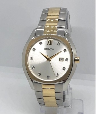 Bulova Men's Two-Tone Silver Dial Analog Date Dress Watch Roman/Diamond Bracelet