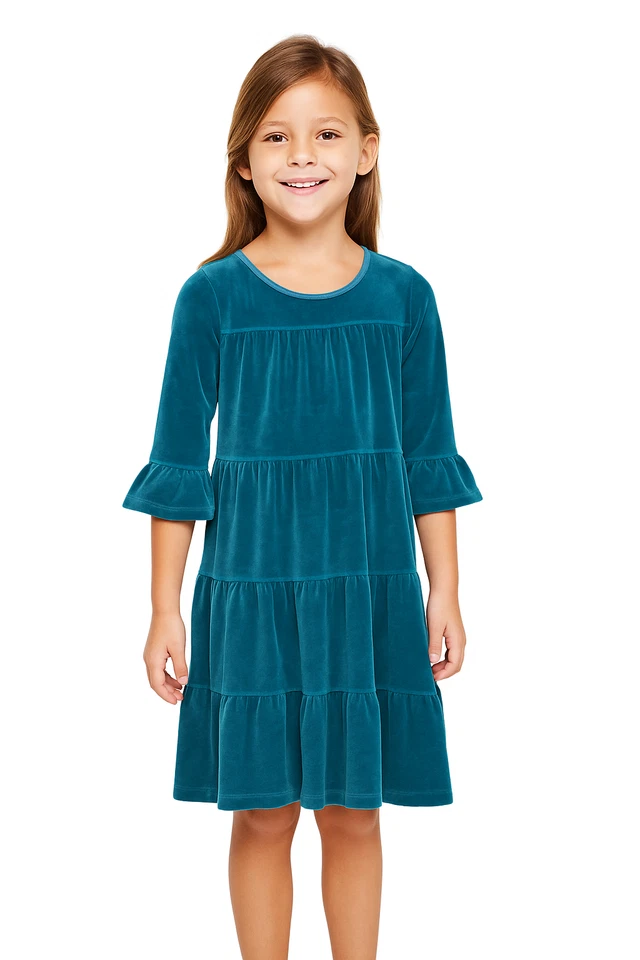 Hanna Andersson Teal Green Velour Tiered Ruffle Dress Girls Sz 140 Cm/ US Sz 10 - Image 3 of 4