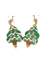 Christmas Earrings Gold Tone Wires with Enameled Green Tree Dangles