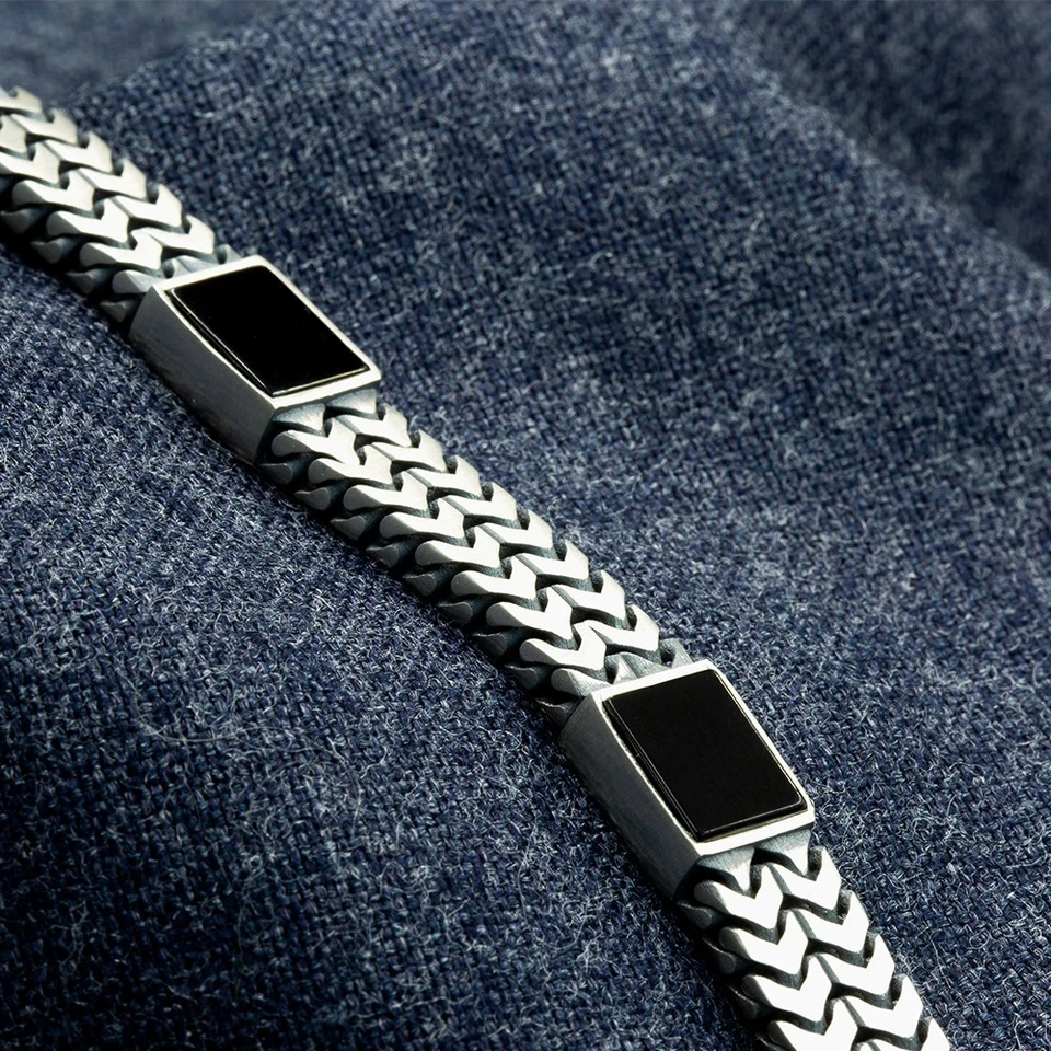 Brazalete de cadena cubana de 10 mm de piedras preciosas de ónix negro de plata de ley 925 para hombre Foto 3 de 4