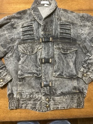Rare Vintage AJ s British Denim Jacket Size L 80s Rock style Stonewashed Black .