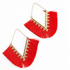 Boho Red Tassel Statement Earrings Gold Tone Metal Zigzag Fan Fringe Jewelry