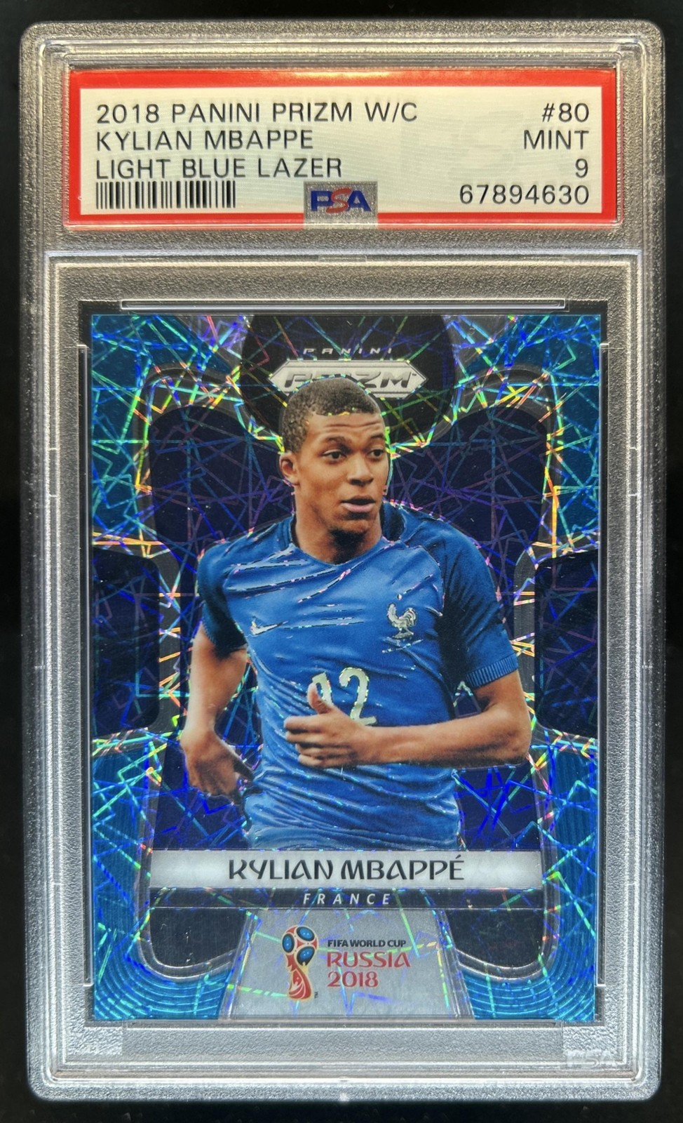 2018 Panini Prizm World Cup Kylian Mbappe Light Blue Lazer RC #/125 France PSA 9 view 1