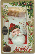ANTIQUE CHRISTMAS Postcard SANTA CLAUS, ELVES PULLING PLATE OF PLUM PUDDING