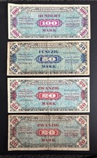 1944 Allied Military Currency 100, 50, 20 Mark Banknotes (Lot of 4) 