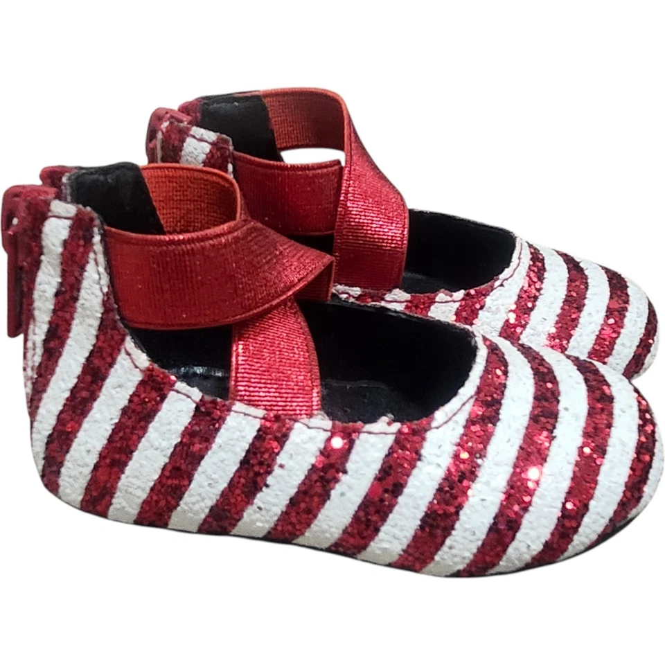 A Bear Co Toddler Size 3 Red White Candy Stripe Glitter Ballerina Flat Christmas - Image 2 of 4