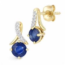 9ct Gold Blue Sapphire and Natural Diamond Crossover Stud Earrings 10mm Height