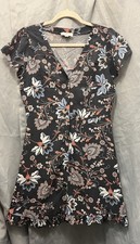 LOFT Petite Dress Womens 10P Gray Floral Mini A Line Button Up Cap Sleeve Casual