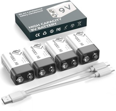 4-Count 9 Volt Battery 9V Block Rechargeable Batteries 1300mAh smoke detectors
